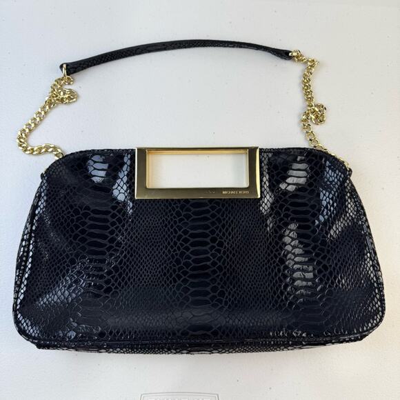 MK Michael Kors Black Python Snake Print Embossed Patent Leather Berkeley Clutch - Picture 1 of 7